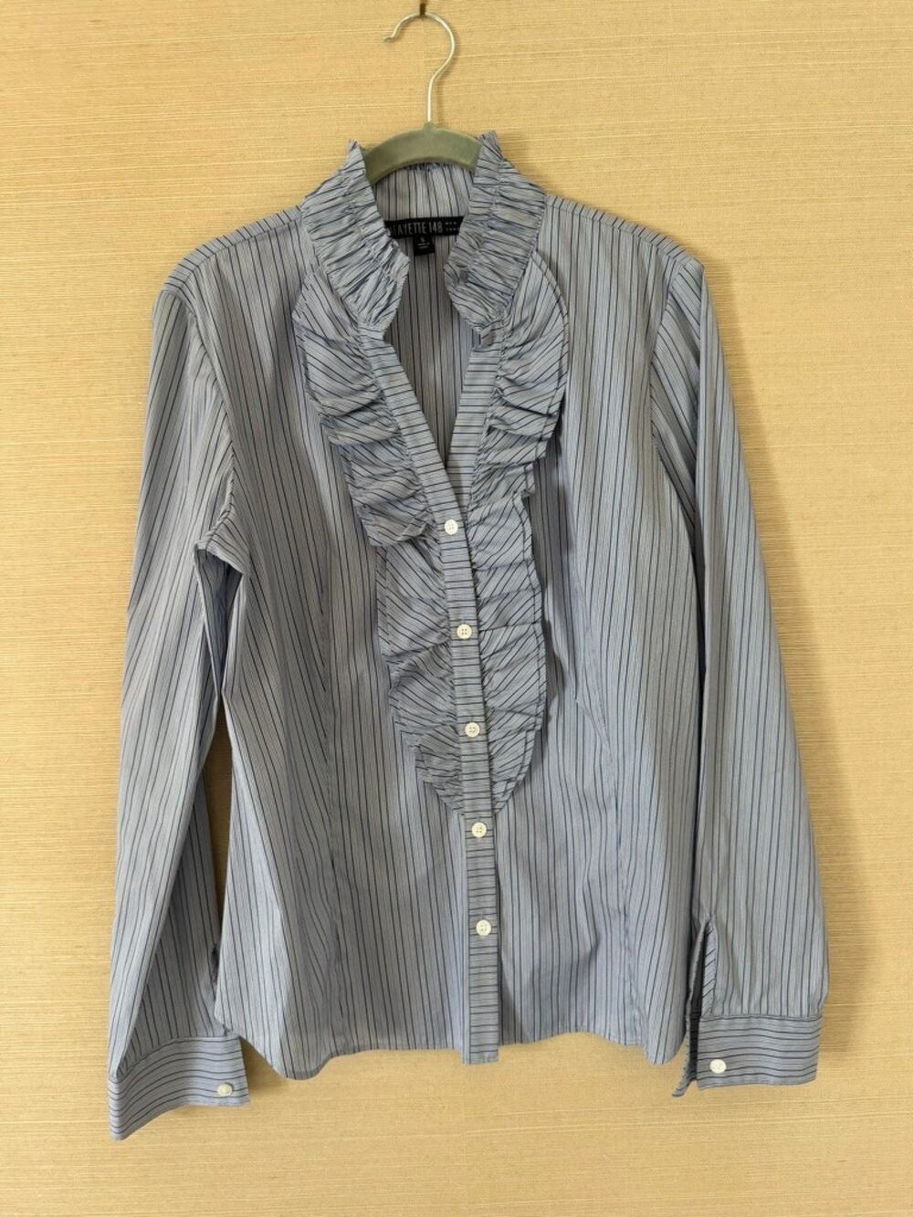 Lafayette 148 Ruffle-Front Striped Blouse – Size S